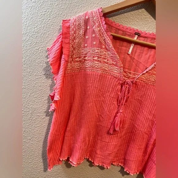 Free People Sarafina Top Boho Cottage Core Embroidered Flutter Crop Pink XL - Picture 5 of 15